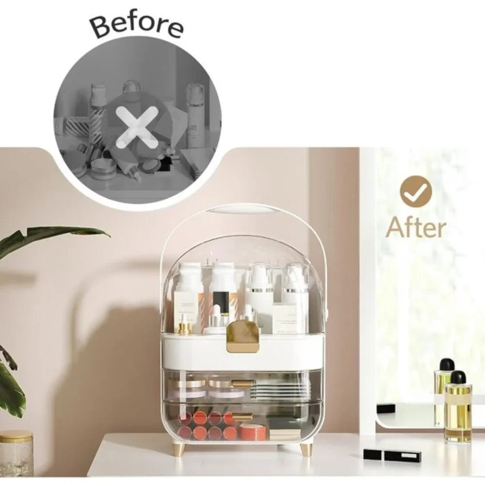 Makeup Organizer for Vanity, Large Skincare Storage with Lid & Drawers - White